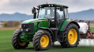 A tractor spraying a field with a sprayer photo