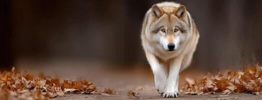A wolf walking on the ground in the woods photo