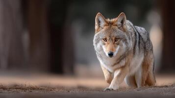A wolf walking through the woods photo