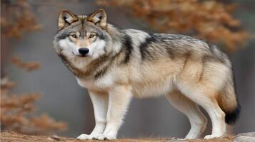 A wolf standing in the woods with trees in the background photo