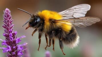 A bee is standing on a purple flower photo