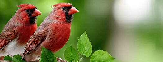 Two red birds sitting on a branch with green leaves photo