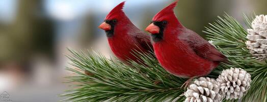 Two red birds perched on a pine branch photo