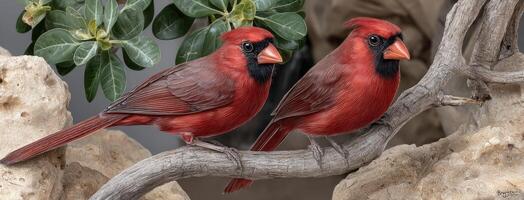 Two red birds sitting on a branch photo