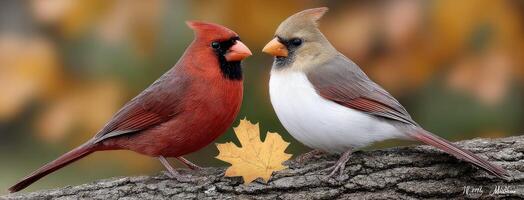 Two red and white birds sitting on a branch photo
