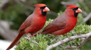 Two red birds sitting on top of a tree branch photo