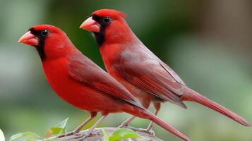 Two red birds standing on a rock photo