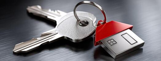 A house key and a keychain with a house on it photo