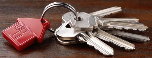 A red keychain with keys and a house key photo