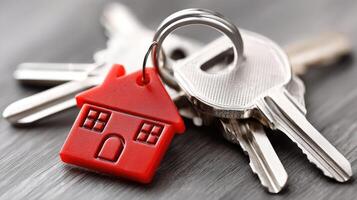 A red house key is sitting on top of a pile of keys photo