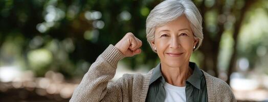 An older woman flexing her arm photo