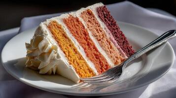 A piece of cake on a plate with a fork photo