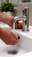 A person is washing their hands in a bathroom sink photo