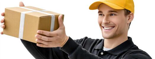 A smiling man holding a box with a yellow hat photo