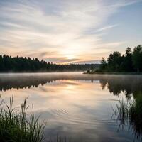 A lake with mist and grass on the shore photo