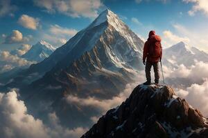 Majestic Mountain Climber Standing on Summit Overlooking Snowy Peaks and Clouds in Breathtaking Adventure Landscape at Sunrise Light photo