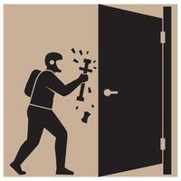Silhouette illustration of a person breaking down a door with a sledgehammer concept vector