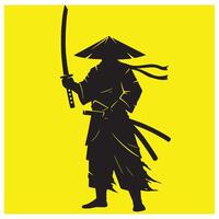 Silhouette of a japanese samurai warrior holding katana sword with yellow background vector
