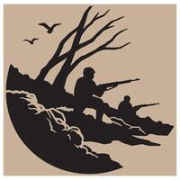 Silhouette of soldiers aiming rifles on a hilltop with birds and barren tree branches vector