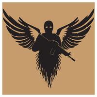 Silhouette of an angelic soldier holding a rifle with wings on a brown background vector