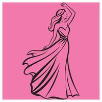 Graceful line art illustration of a woman in a flowing dress on a pink backdrop vector