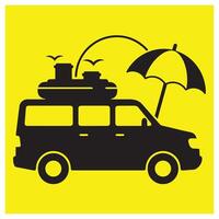 A black campervan with luggage umbrella and birds silhouetted on a vibrant yellow background vector