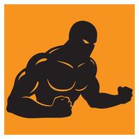 Black silhouette of a muscular man with clenched fists on a vibrant orange background. vector