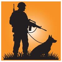 Silhouette of a soldier with military dog standing in orange background vector
