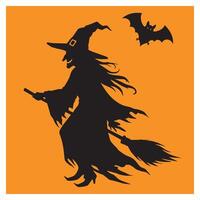 Silhouette of a witch flying on a broomstick with a bat against an orange background vector