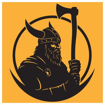 Strong viking warrior holding axe in silhouette with horned helmet and bold background