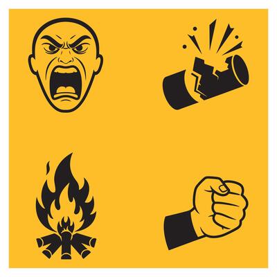 Symbolic illustrations of anger violence explosion fire and fist silhouetted on yellow background