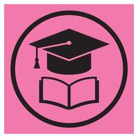 Educational icon featuring a mortarboard and open book within a circular frame in pink vector