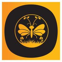 Elegant golden butterfly illustration surrounded by flowers and grass in a round badge vector