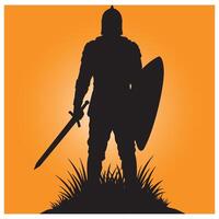 Silhouette of a medieval knight standing ready with sword and shield against an orange backdrop vector
