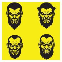 Stylized graphic representations of angry bearded men with intense expressions and furious grins vector