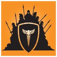 Silhouette of spartan soldiers with spears and shield on a warm orange background vector