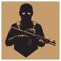 Silhouette of a soldier with a rifle against a tan background ready for action vector