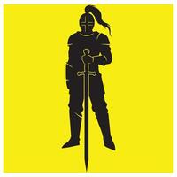 Silhouette of a medieval knight in full armor holding a sword on a yellow background vector