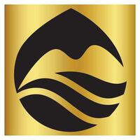 Abstract emblem design featuring mountains and flowing water on a golden background vector
