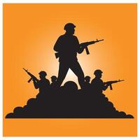 Silhouette of soldiers marching forward on a battlefield with guns against orange background vector
