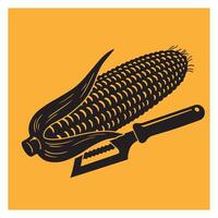 Black and yellow illustration of corn on the cob and corn cutter tool vector