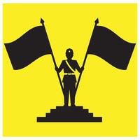 Soldier holding two flags standing on steps against a bright yellow background vector