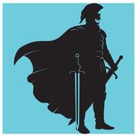 Silhouette of a strong medieval knight with two swords and a dramatic cape design vector