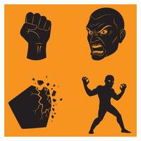 Powerful illustration of angry faces fists breaking objects and aggressive male silhouette vector