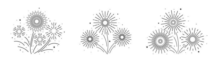 Fireworks flat style. Black editable lines to celebrate event. Blast explosion icons set. Firecracker happy new year, birthday. Sparkles and stars for poster banner card on festival anniversary party vector