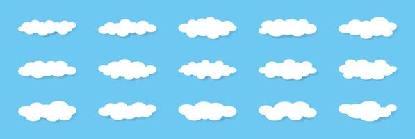 Flat white clouds set. Simple cloudy abstract shapes. Puffy, fluffy and cumulus elements in blue sky. Minimalist Comic weather Objects cloudscape for game. collection vector