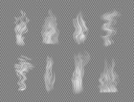 White Realistic Smoke elements flowing on dark background. Translucent curving 3D steam shapes with mystical effect. Hot food and drink vapor, hookah cloud overlays, smog design. vector