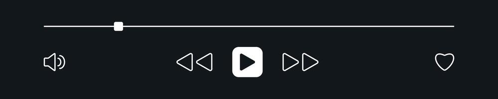 Mini Media Player interface for website. Dark theme playback screen. Minimalist ui display template. Control panel mockup with outline button editable stroke. Line simple icon on black background vector