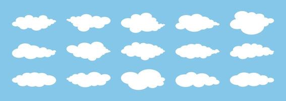 Set of Cloud in flat simple style. Fluffy white abstract cloudy elements in blue sky. Fluffy weather illustration for poster banner card. Empty text border. vector