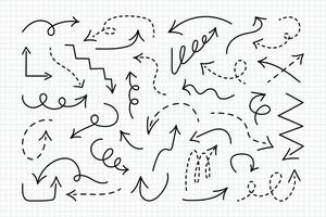 Doodle freehand Arrows set with editable stroke on notebook sheets in squares. Simple hand drawn black dot lines in various directions. Back to school dotted pointers. Sketch outline long thick icons vector